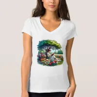 Girl Reading under a Tree Surrounded by Flowers T-Shirt