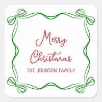 Whimsical Hand Drawn Bows Christmas Family Name Square Sticker