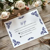 Mexican Talavera Blue Floral Minimalist Wedding RSVP Card