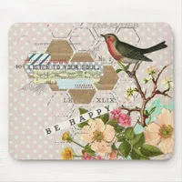 Be Happy Digital Bird collage Mouse Pad