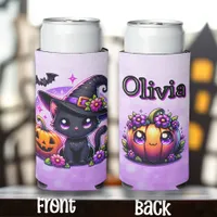 Chibi Halloween Black Cat and Pumpkin Personalized Seltzer Can Cooler