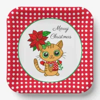 Merry Christmas | Orange Cat with Poinsettia    Paper Plates