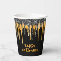 Orange Black Glitter Drips Happy Halloween Paper Cups