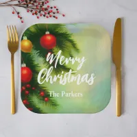 Vintage Christmas Balls On Pine Branches Paper Plates