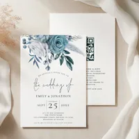 Modern Blue Florals QR Code Wedding Invitation