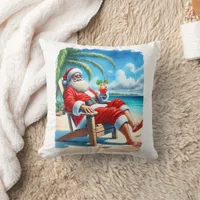 Snowbird Santa Enjoying a Cocktail on the Beach  Throw Pillow