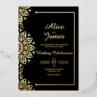 Elegant Mandala Black Gold Foil Wedding Invitation