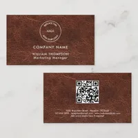 Company Name Logo QR Code Brown Faux leather Business Card