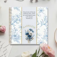 Modern Blue White Floral Bible Verse Custom Name Notebook