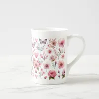 Pink Feminine Floral Butterflies Bone China Mug