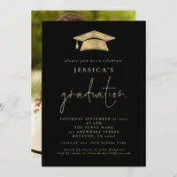 Modern 2024 Graduation Photo Gold Grad Cap Black I Invitation