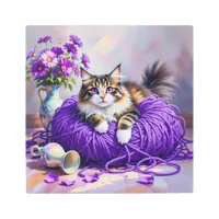 Cat with Purple Eyes in Purple Yarn and Flowers Metal Print