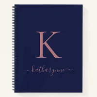 Chic Navy Blue Rose Gold Pink Monogram Name Notebook