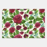 Burgundy Roses Floral Print Wrapping Paper Sheets
