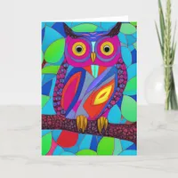 Whimsical Owl with Colorful Feathers Card