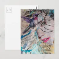A Face n Hummingbird Abstract Mixed Media Collage Postcard