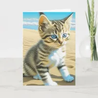 AI Gray Tabby Kitten Playing on a Beach Card