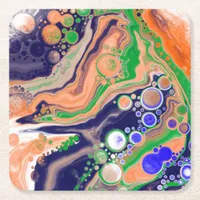 Blue, Coral and Green Pour Painting Fluid Art Square Paper Coaster