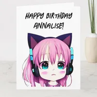 Big Anime Girl with Headphones Cat Ears Birthday Card