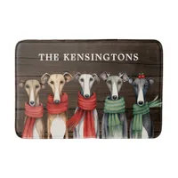 Fun Greyhound Dogs in Winter Scarves Bath Mat