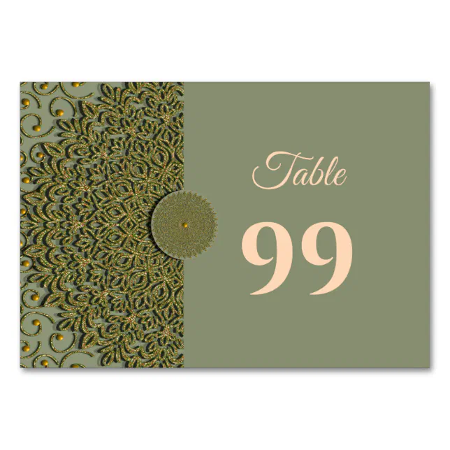 Elegant Modern Sage green & gold classic mandala Table Number