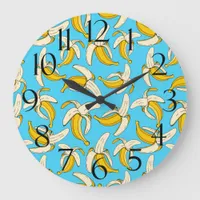 Yellow Tropical Bananas on Blue Trendy Fruit Large Clock