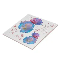 Water Droplets on Pink & Blue Roses on White | Ceramic Tile