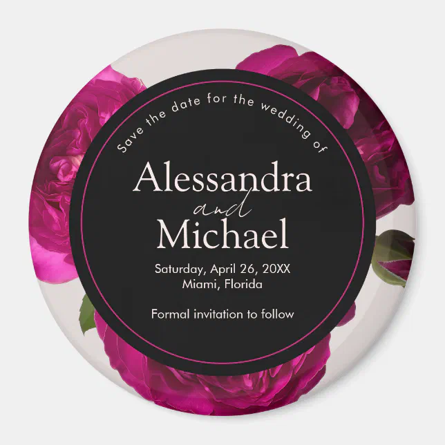 Dark Pink Roses Romantic Save The Date Wedding Magnet