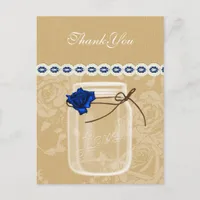 burlap and navy blue rose mason jar thank you postcard