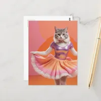 Adorable Dancing Cat in Pink Orange Postcard