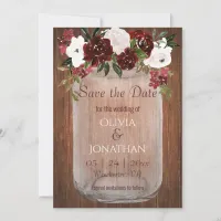 Rustic Burgundy Floral Mason Jar Wedding Save The Date