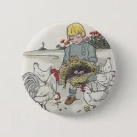 Vintage Girl With Chickens, E is an Egg Pinback Button