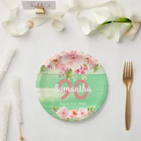 Birthday party green wood blush florals paper plates