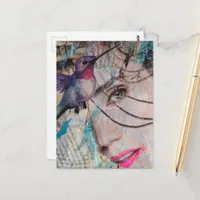 Face Random Words Hummingbird Mixed Media Collage Postcard