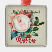 Red Poinsettia Mistletoe Baby Name Photo Christmas Metal Ornament