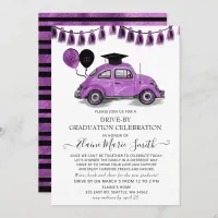 Vintage Purple Beetle Balloons Drive By Graduation Invitation