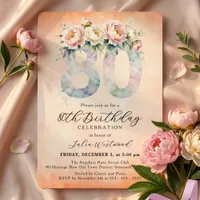 Peach Floral Watercolor 80th Birthday Party Invitation