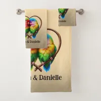 Cute Lovebirds Cuddling in a Heart Shaped Bough Bath Towel Set