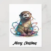 Cute Adorable Christmas Otter in Lights Holiday Postcard