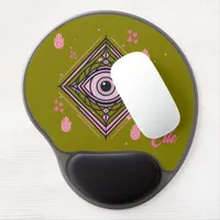 Hamsa Hand with Evil Eye and Hearts Pink on olive Gel Mouse Pad