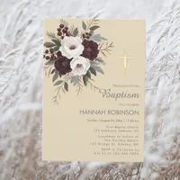 White Burgundy Flower Baptism Invitation