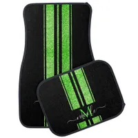 Neon Lime Green Glitter + Black Stripe Monogrammed Car Floor Mat