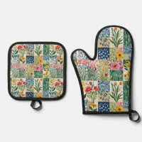 Patchwork Floral Botanical Garden Elegant Pretty Oven Mitt & Pot Holder Set