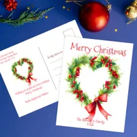 Heart-Shaped Christmas Wreath with Red Bow Holiday Postcard