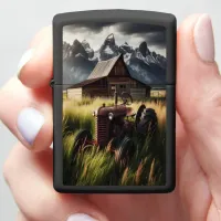 Rustic Tractor Under Mountain Peaks Zippo Lighter