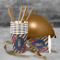 Gold Foil Stripes Floral Navy Blue ID757 Paper Cups