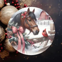 Brown Christmas Horse and Cardinal  Classic Round Sticker