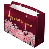 30th birthday burgundy pink flowers large gift bag