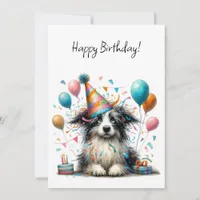 Black and White Dog in a Birthday Party Hat Flat Card
