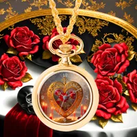 Victorian golden heart with red roses, vintage watch